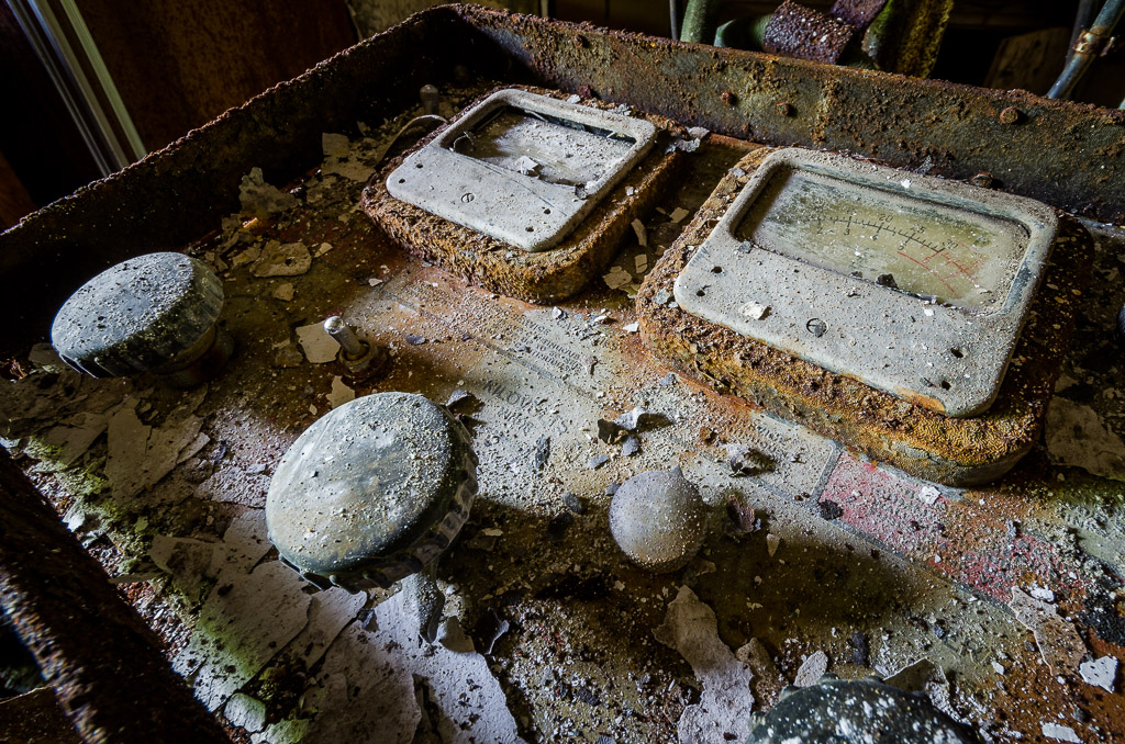 The controls to an old x-ray machine in the corridor of the old patient building that was burned.