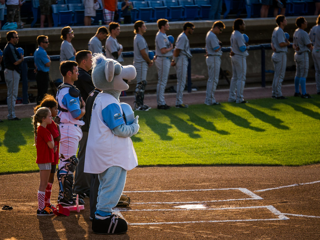 Even Rocky Bluewinkle doffed his cap for the National Anthem.

I took Chris and Sarah -- who are visiting us from the UK -- to a Carolina League (minor league) baseball game in Wilmington and our locals the 